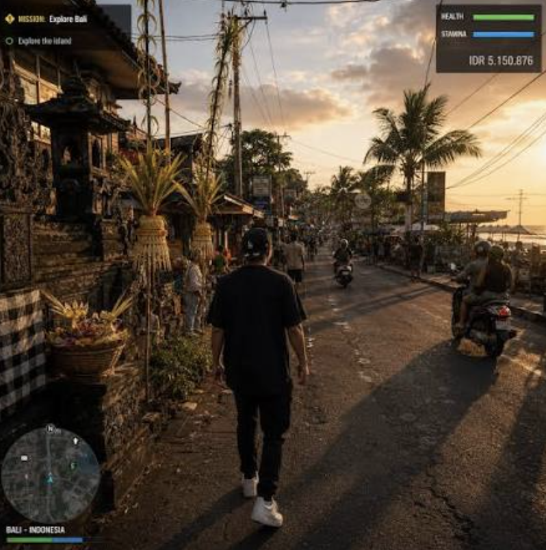 GTA Indonesia gameplay exploring a Bali street at sunset on a scooter