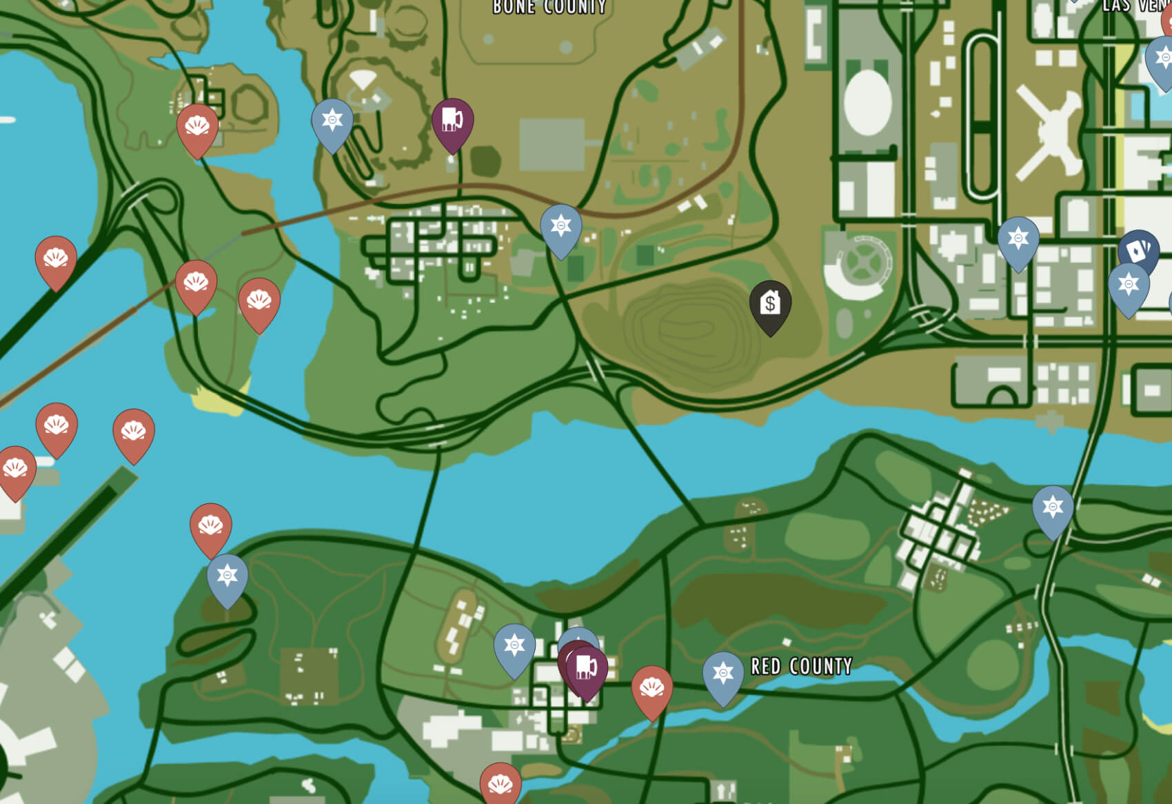 GTA San Andreas map showing Bone County, Las Venturas and Red County